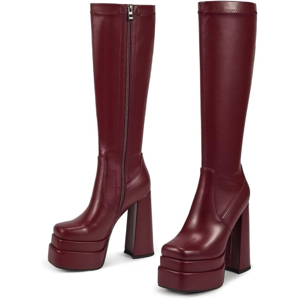 Matte Burgundy Platform Knee High Boots for Women, Chunky Heel, Zipper, Cosplay - Picture 3 of 7